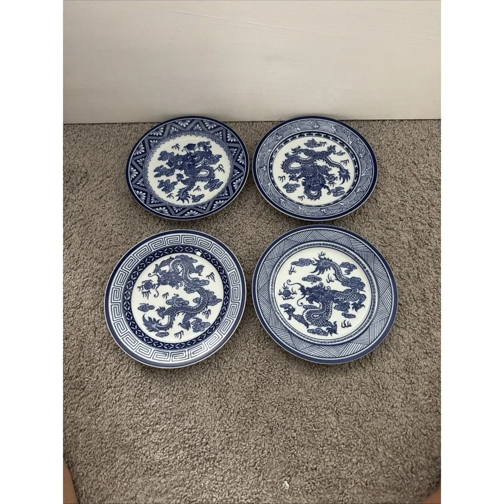 Bombay Asian Garden Dragon Motif Blue White Porcelain Plates  7-1/2